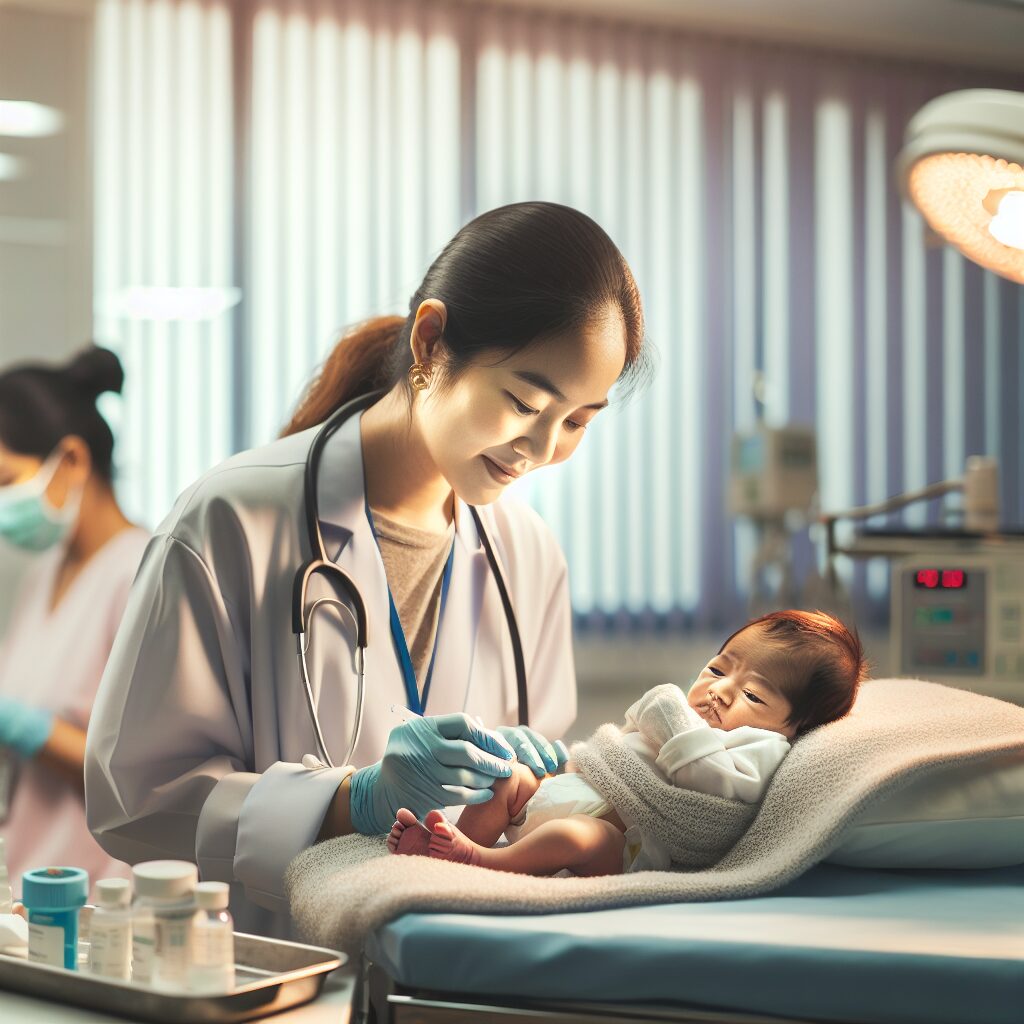 Newborn baby in a hospital setting, with a healthcare professional performing a small heel prick test. The scene should emphasize a medical environment, capturing the essence of early neonatal screening for genetic conditions. Soft lighting and professional, caring atmosphere.