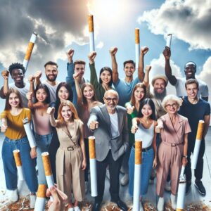 A group of diverse people united symbolically against smoking, with cigarettes broken in half, in a supportive and hopeful setting depicting unity and health.