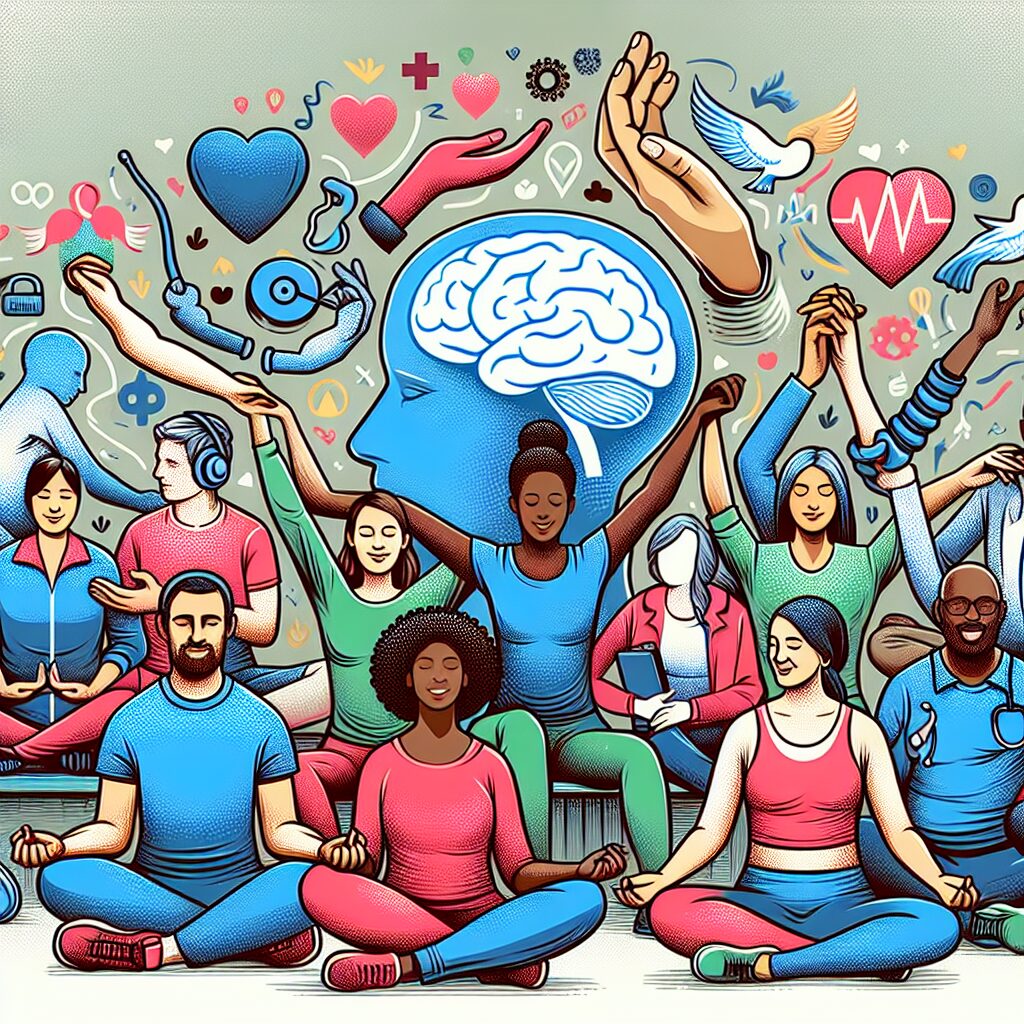 A vibrant and hopeful illustration depicting mental health awareness in France, with diverse individuals engaging in supportive and positive mental health activities. Include symbols of psychological support and well-being.