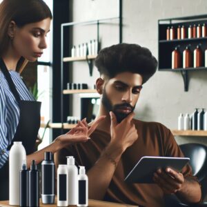 An image of a hairstyling salon with a focus on hair smoothing treatment products. The salon should have a modern design with various hair products displayed prominently. A stylist is consulting with a concerned client about hair treatments.