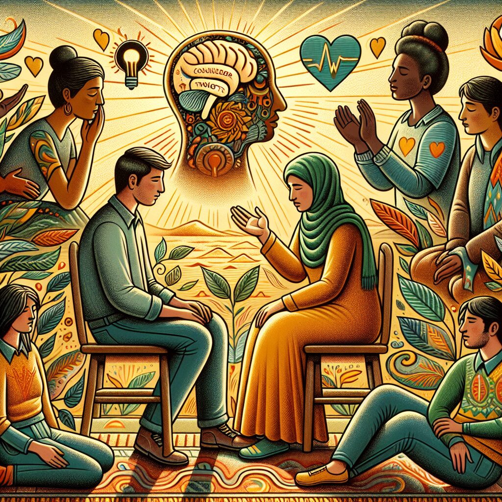 An illustration depicting mental health awareness, featuring diverse individuals engaging in supportive conversations and counseling sessions, highlighting the concept of psychological care and community support.