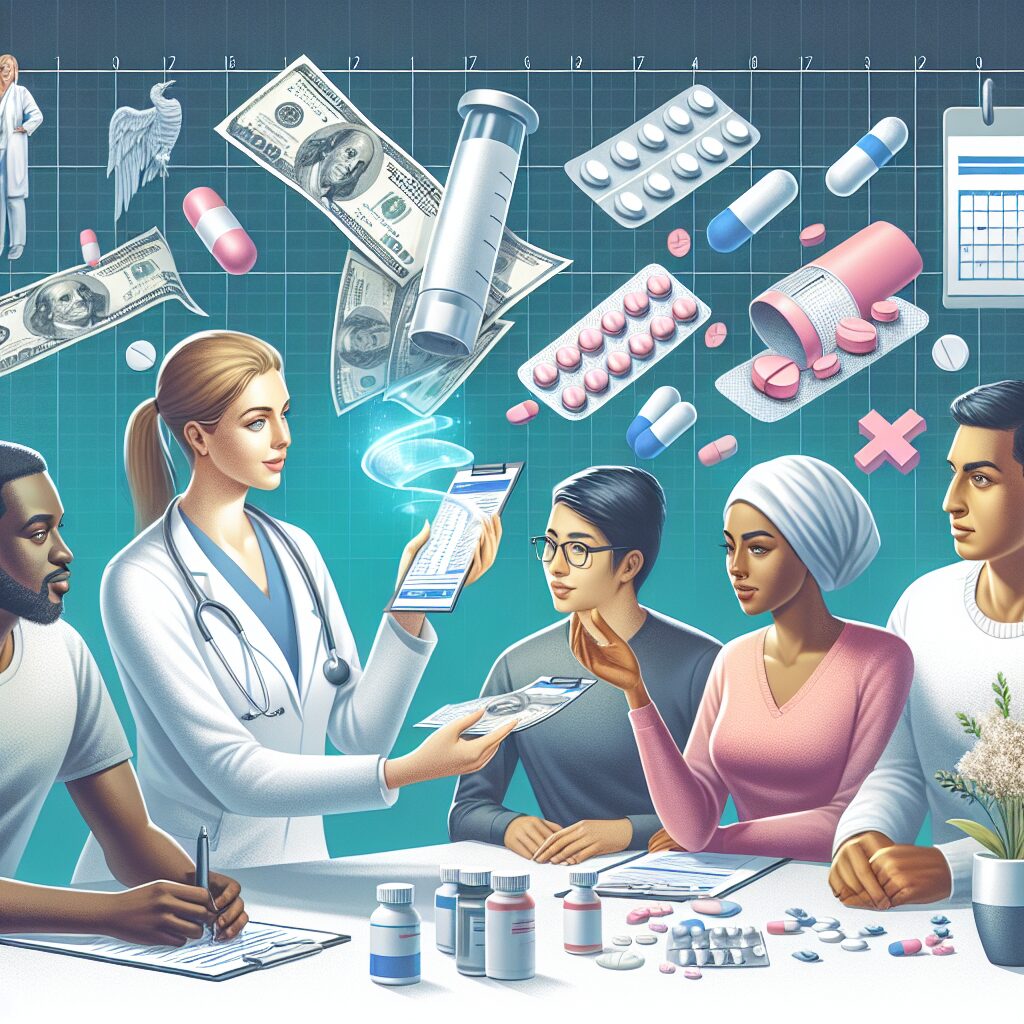 An illustration showing a diverse group of people meeting with a healthcare provider, discussing medical bills, surrounded by images of medical bills and medications, symbolizing health insurance and reimbursement changes in 2025.