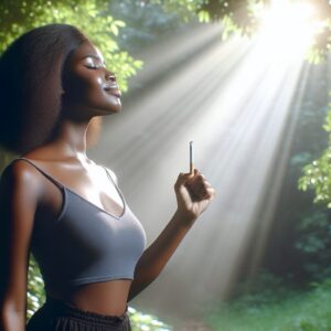 A serene image of a person triumphantly breaking a cigarette in half, symbolizing overcoming addiction, set in a calming, natural environment with soft lighting and a hopeful atmosphere.