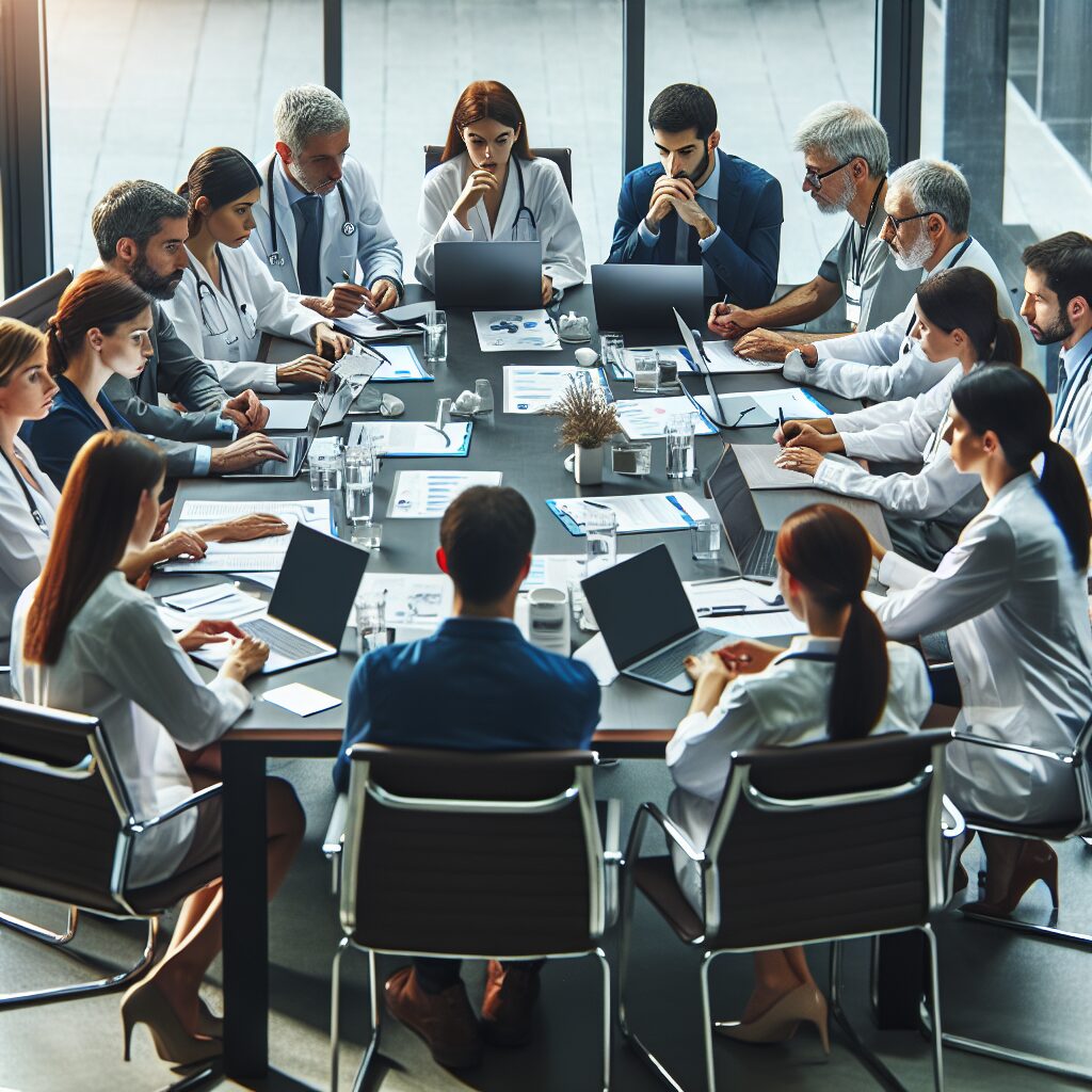 A diverse group of healthcare and public health professionals, sitting around a conference table with documents and laptops, discussing health interventions. The setting is modern and professional, reflecting a sense of collaboration and expertise in public health prevention and promotion strategies.