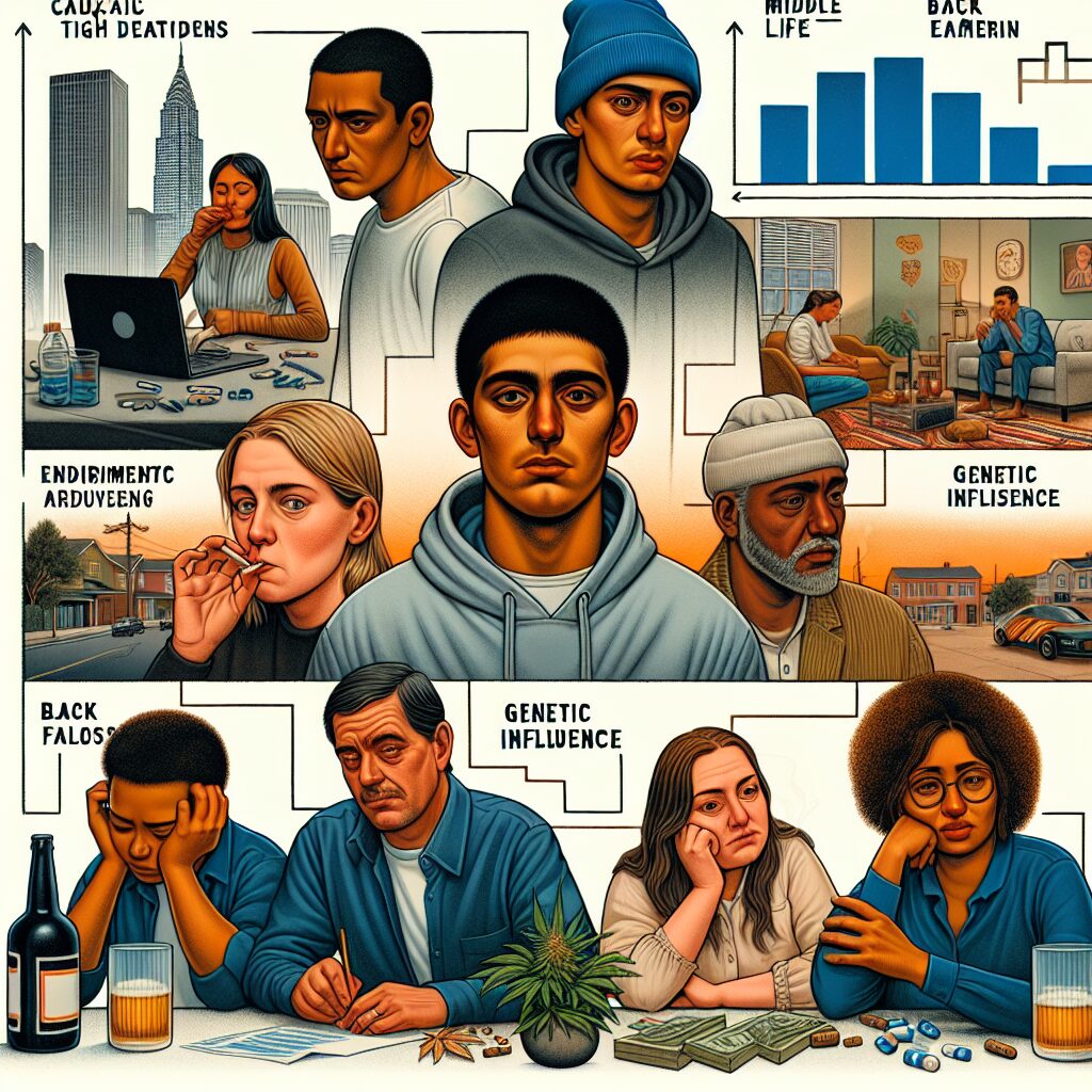 An illustration depicting a diverse group of individuals in various environments, highlighting different factors that contribute to addiction like stress, genetic influence, and environmental settings. The image should blend elements of everyday life scenes with subtle hints of alcohol or cannabis presence.