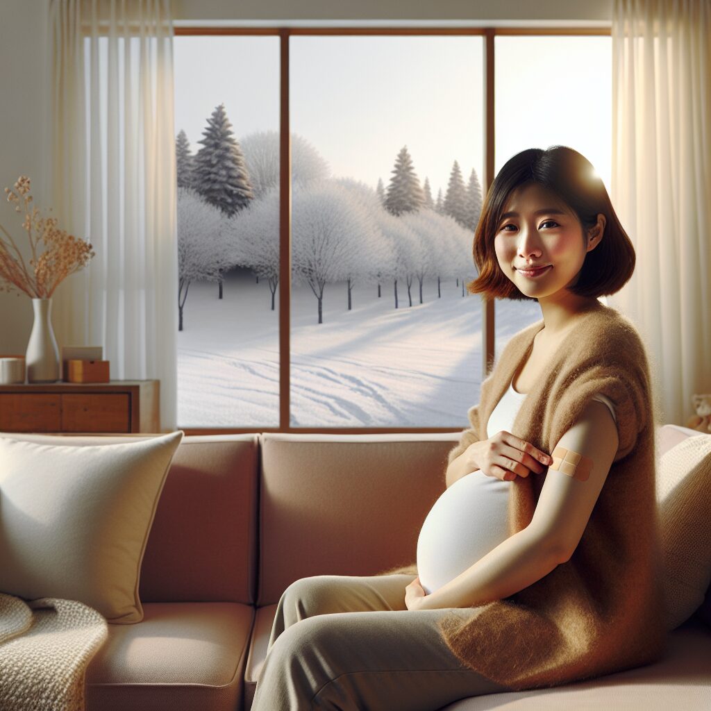 A pregnant woman sitting in a cozy living room with a serene expression, holding a band-aid on her arm, symbolizing vaccination. The room is softly lit, with a warm color palette, and a visible window showing a winter landscape.