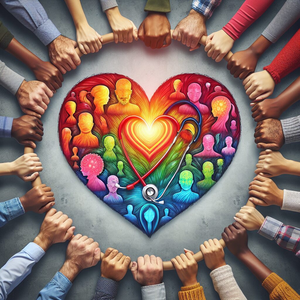 A symbolic image depicting mental health support, showing a diverse group of people holding hands around a bright heart symbolizing unity and care, with elements like a stethoscope and psychology symbols integrated.