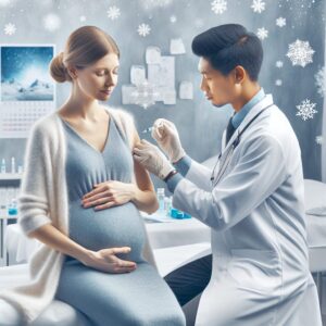 A pregnant woman with a serene expression receives vaccination in a healthcare setting, with a visible healthcare professional gently administering the vaccine. The background shows winter elements like snowflakes or a calendar indicating winter months, signifying the flu season.