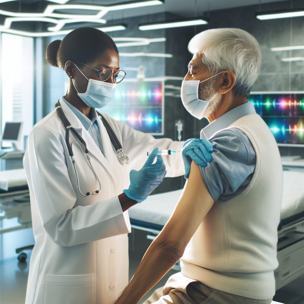 A doctor administering a vaccine to an elderly patient in a modern clinic setting. The image should convey a sense of safety, healthcare, and protection, with bright, reassuring colors and a focus on the interaction between the doctor and patient.