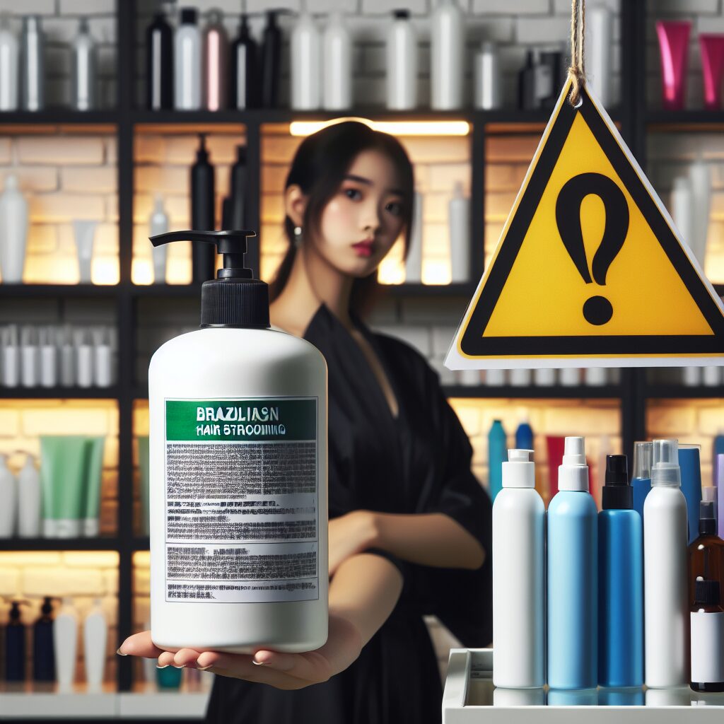 A hairdressing salon with a stylist holding a bottle labeled 'Brazilian Hair Smoothing', a warning sign is nearby. The background shows hair products on shelves. The atmosphere is tense but informative, illustrating a health risk linked to cosmetics.