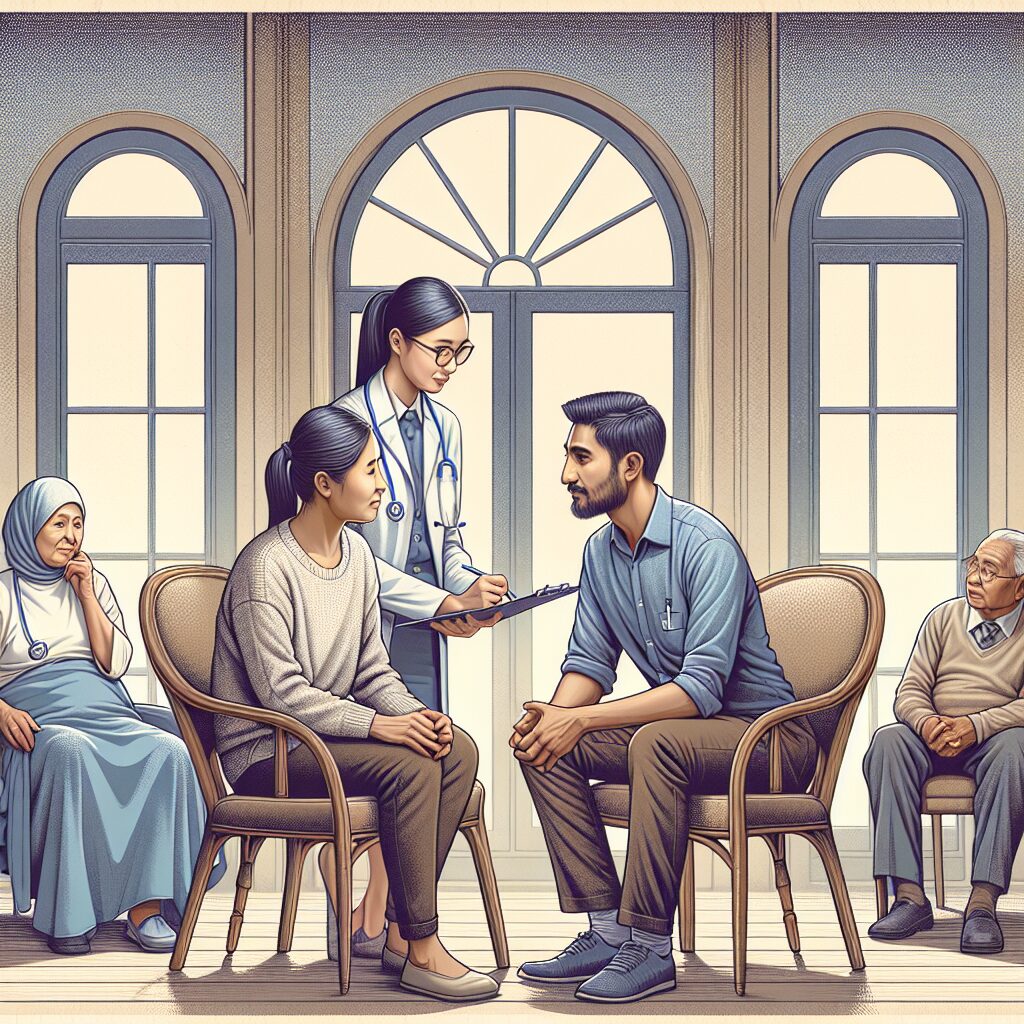 Illustration depicting mental health support, showing diverse people receiving psychological help in a calm environment, symbolizing the support provided by Assurance Maladie, set in a French context.