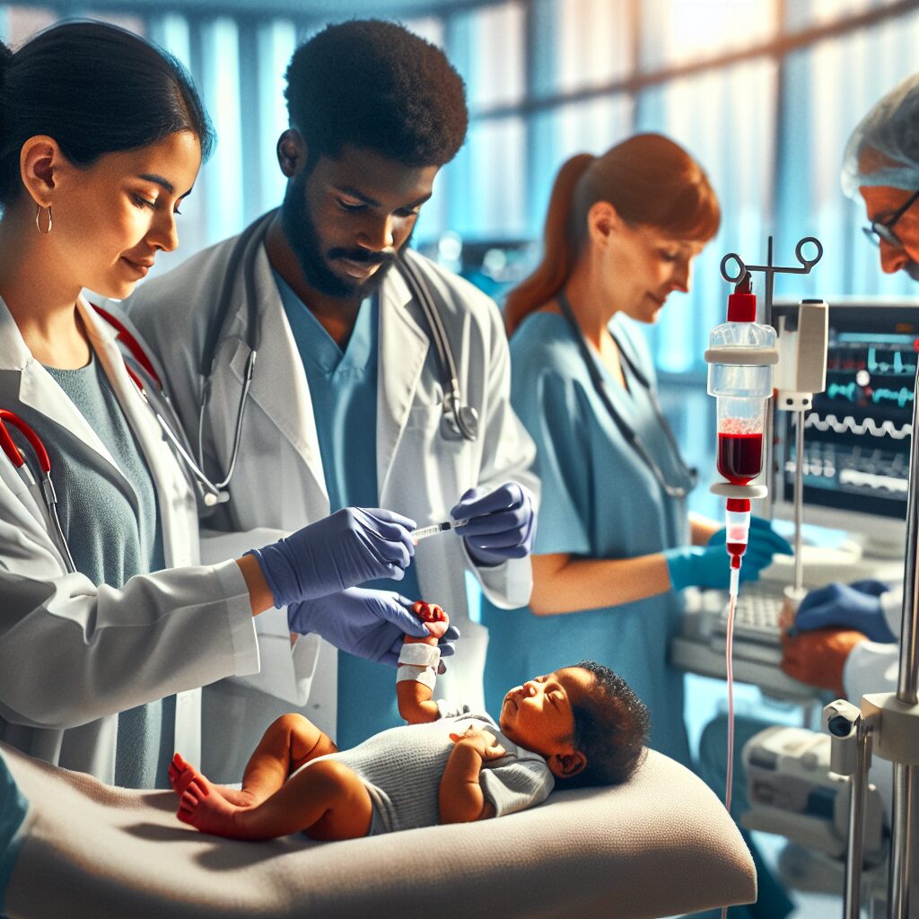 A newborn baby undergoing a blood test for sickle cell disease in a modern French hospital, with healthcare professionals gently caring for the infant. The setting should be warm and welcoming, illustrating advanced medical equipment and attentive care.