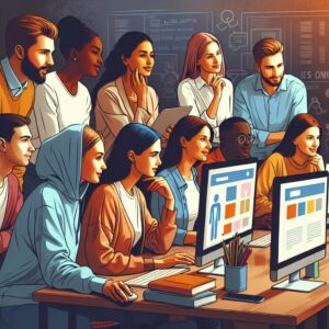 An informative and supportive illustration showing diverse people exploring online resources on alcohol education and support, with calming colors and a welcoming feel, emphasizing community and assistance.