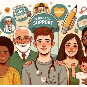 An engaging and hopeful illustration of mental health support, depicting diverse people of different ages showing unity and protection, with elements representing psychological support and positivity in a French healthcare setting.