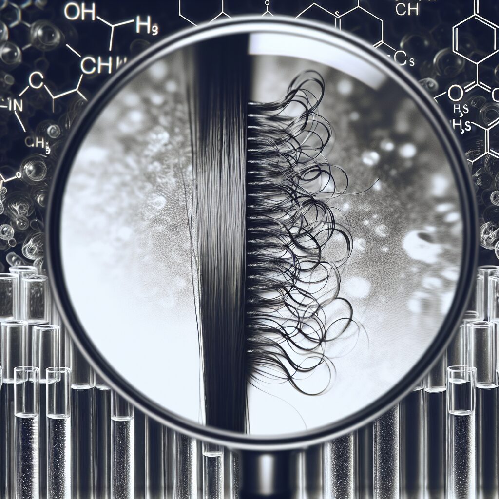 A close-up of hair being treated with a Brazilian straightening product, showing both smooth and frizzy hair sections, with a background emphasizing a warning or caution theme, possibly with a subtle representation of chemical formulas.