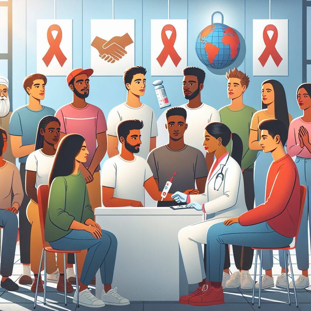 An illustration showing a diverse group of young adults at a health clinic, receiving HIV testing, with supportive staff in a modern, friendly environment. The backdrop should include symbols representing health, unity, and global support for AIDS prevention.