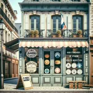 An illustration of a bakery with a 'Closed' sign on the door, with an emphasis on health inspection and hygiene symbols; urban France setting.