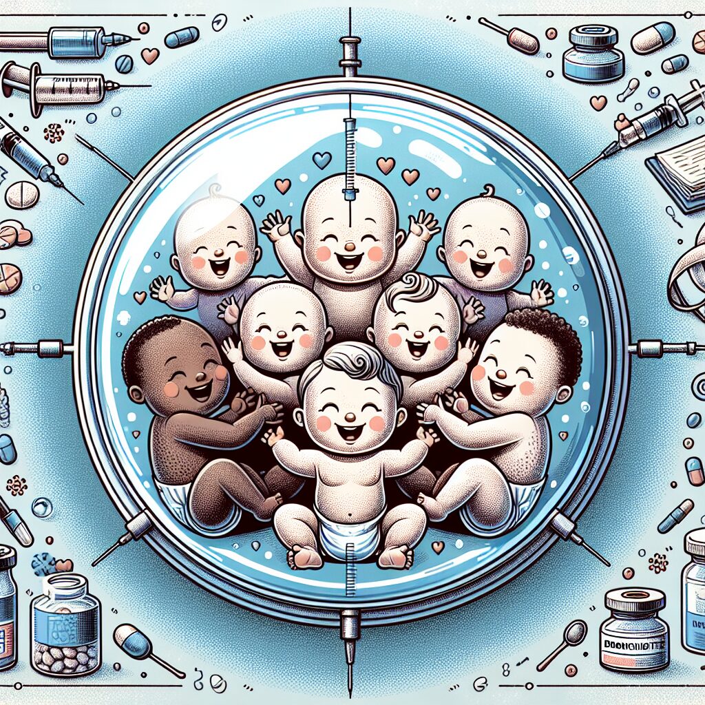 An illustration showing a protective shield around happy, playing infants, symbolizing protection from bronchiolitis, with elements depicting vaccines and prevention in a healthcare context.