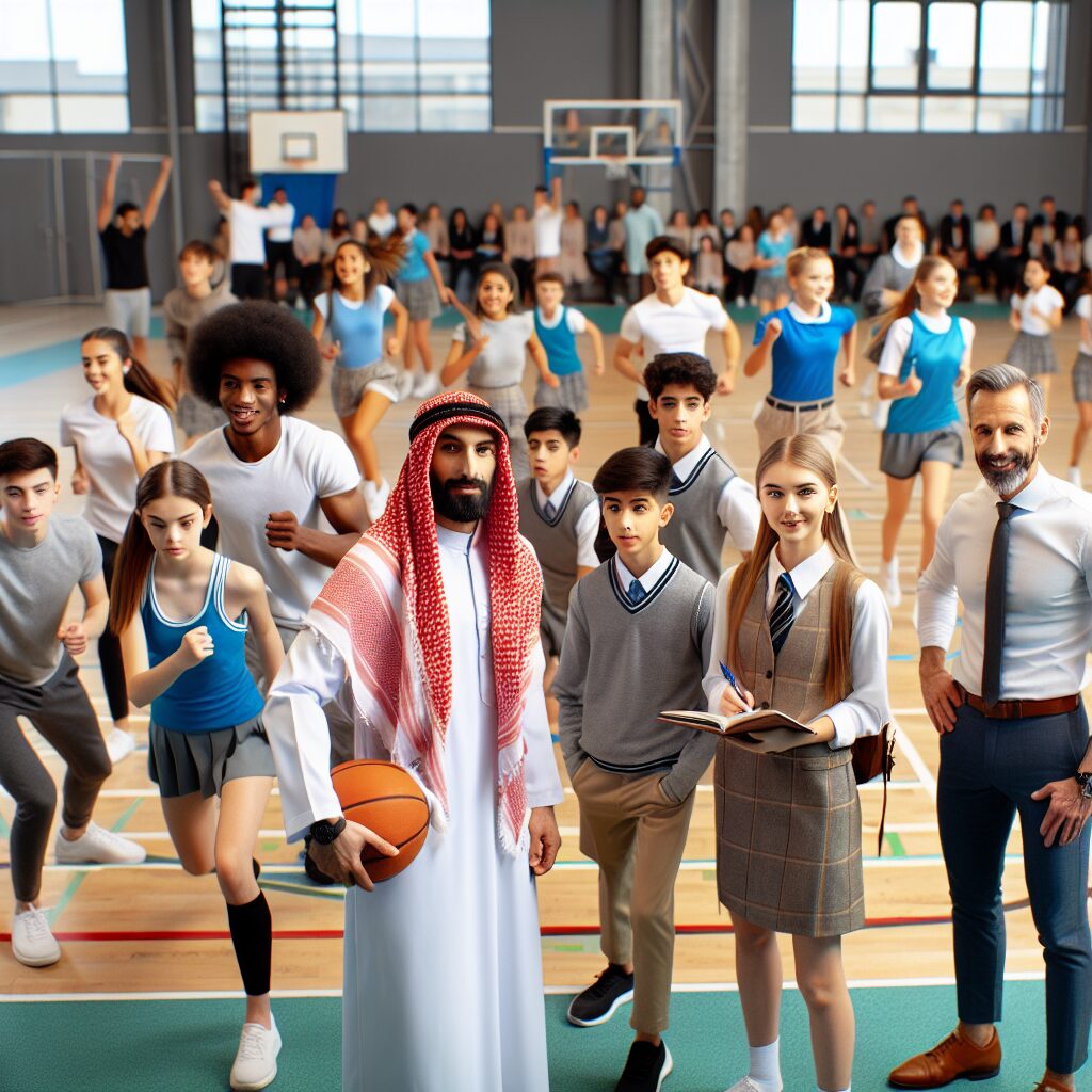 Des élèves en uniforme scolaire faisant du sport dans une salle de gym scolaire moderne, dynamique et colorée, avec des entraîneurs professionnels supervisant, ambiance de coopération et de santé.