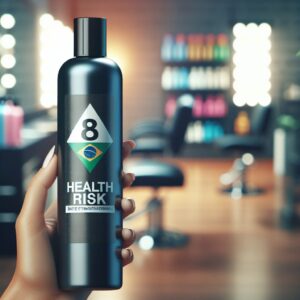 A dramatic image showing a bottle of Brazilian hair straightening product with a warning label reading 'Health Risk'. The background is a soft-focus salon scene, and the colors are slightly muted to give a serious tone.