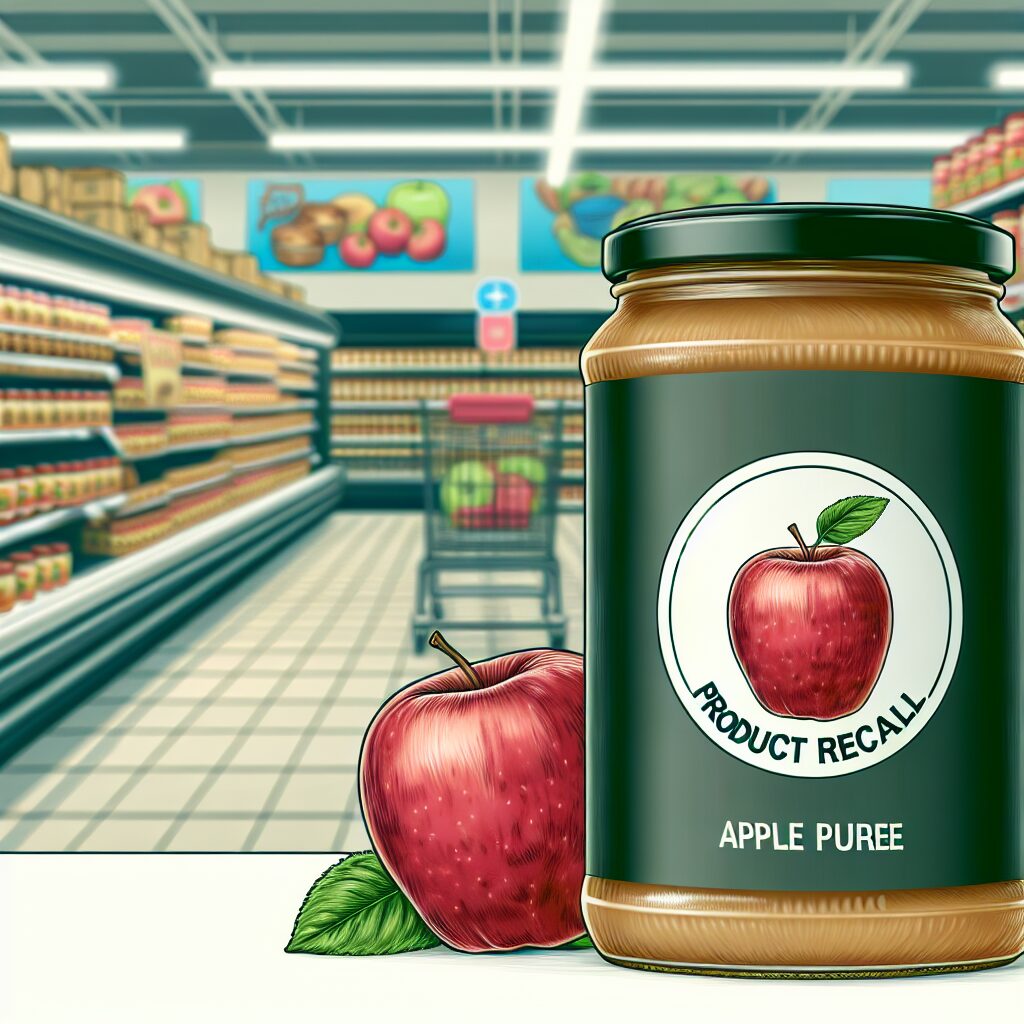 Illustration d'un lot de compotes de pommes avec un fond flou d'un supermarché Carrefour, mettant en avant un panneau de rappel de produit, style réaliste.