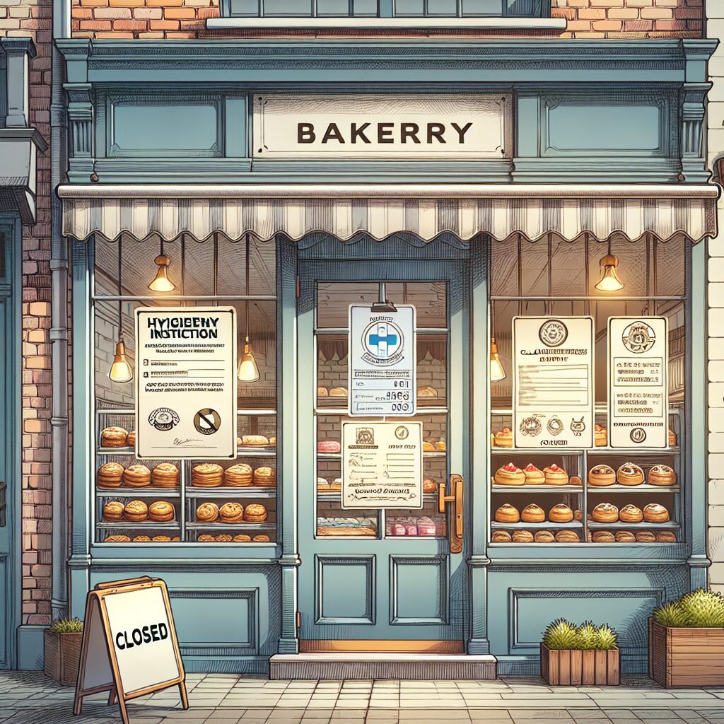 An illustrative image showing a closed bakery sign in an urban setting, with a focus on hygiene inspection elements and symbols representing cleanliness and health regulations.