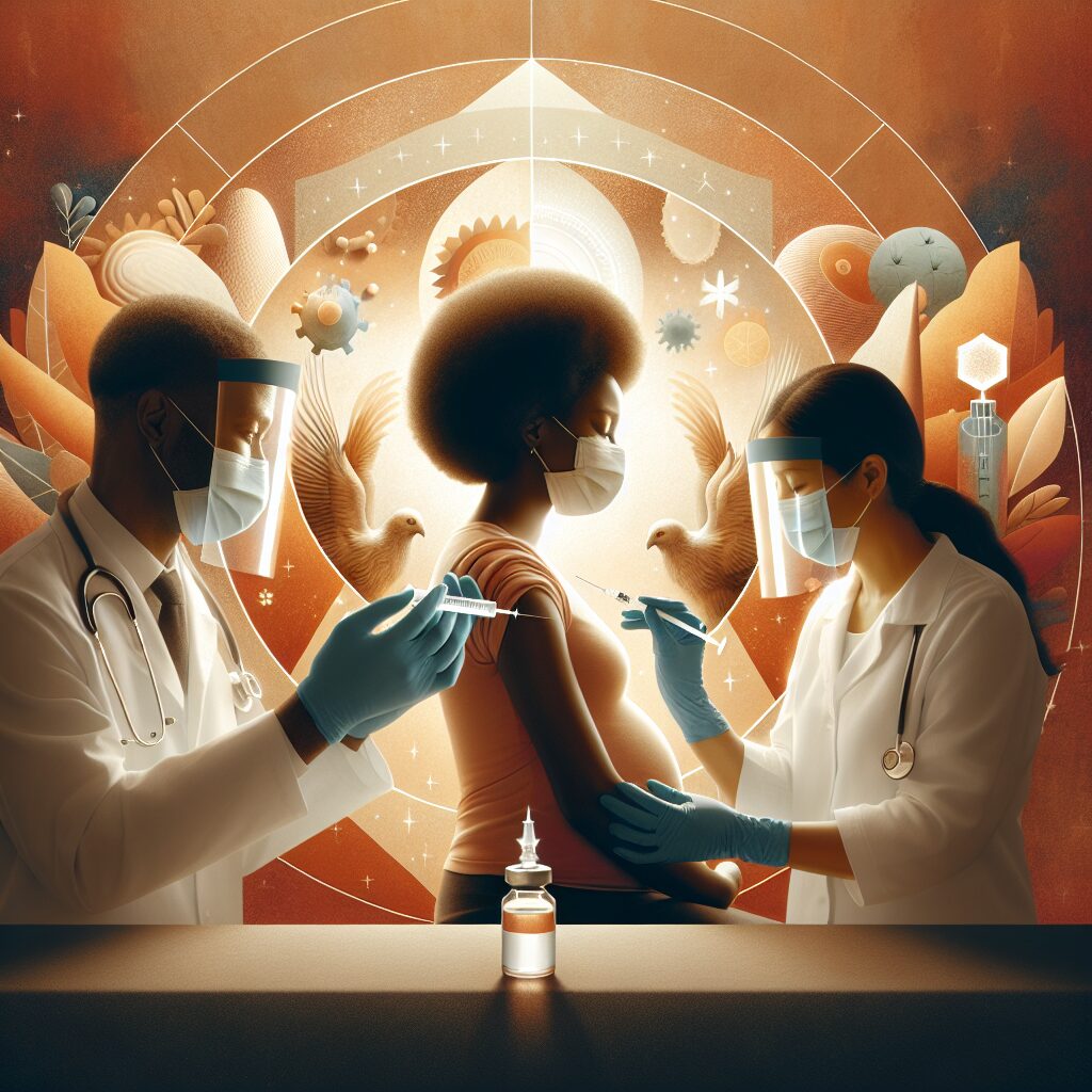 A serene image of a pregnant woman getting vaccinated by a healthcare professional in a warm, comforting clinic environment, with symbolic imagery of protection like a shield around her and her unborn child.