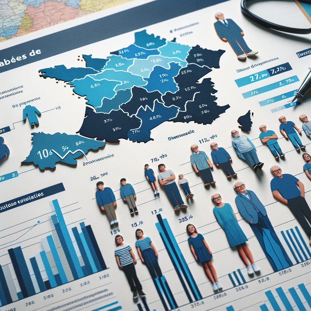 Graphique montrant l'évolution du diabète en France avec différentes tranches d'âge, des statistiques sur les jeunes, et une carte de France indiquant les régions les plus touchées.