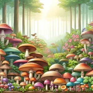 Illustration d'une forêt avec divers champignons colorés, mettant en évidence une variété de champignons toxiques et comestibles, sous une lumière douce du matin.