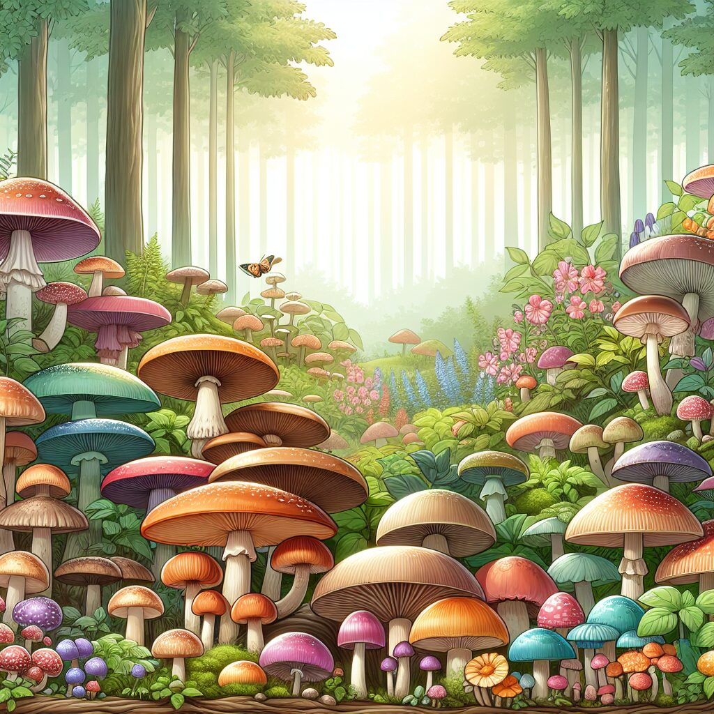 Illustration d'une forêt avec divers champignons colorés, mettant en évidence une variété de champignons toxiques et comestibles, sous une lumière douce du matin.