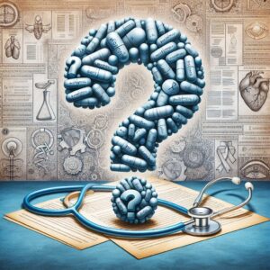 A detailed and thought-provoking illustration depicting the controversy surrounding the effectiveness of the medication Spasfon, with pills and a stethoscope against a background of medical charts and question marks.