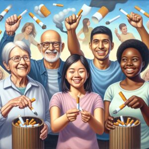 A diverse group of people from different backgrounds and ages, symbolically throwing away cigarettes in a joyful and supportive environment, representing unity and determination to quit smoking. The image should convey hope, community spirit, and health.