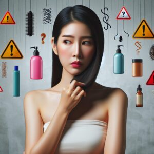 A concerned woman with a thoughtful expression, holding her long, smooth hair, with a background of hair care products and warning signs. The atmosphere should convey a sense of caution and health awareness.