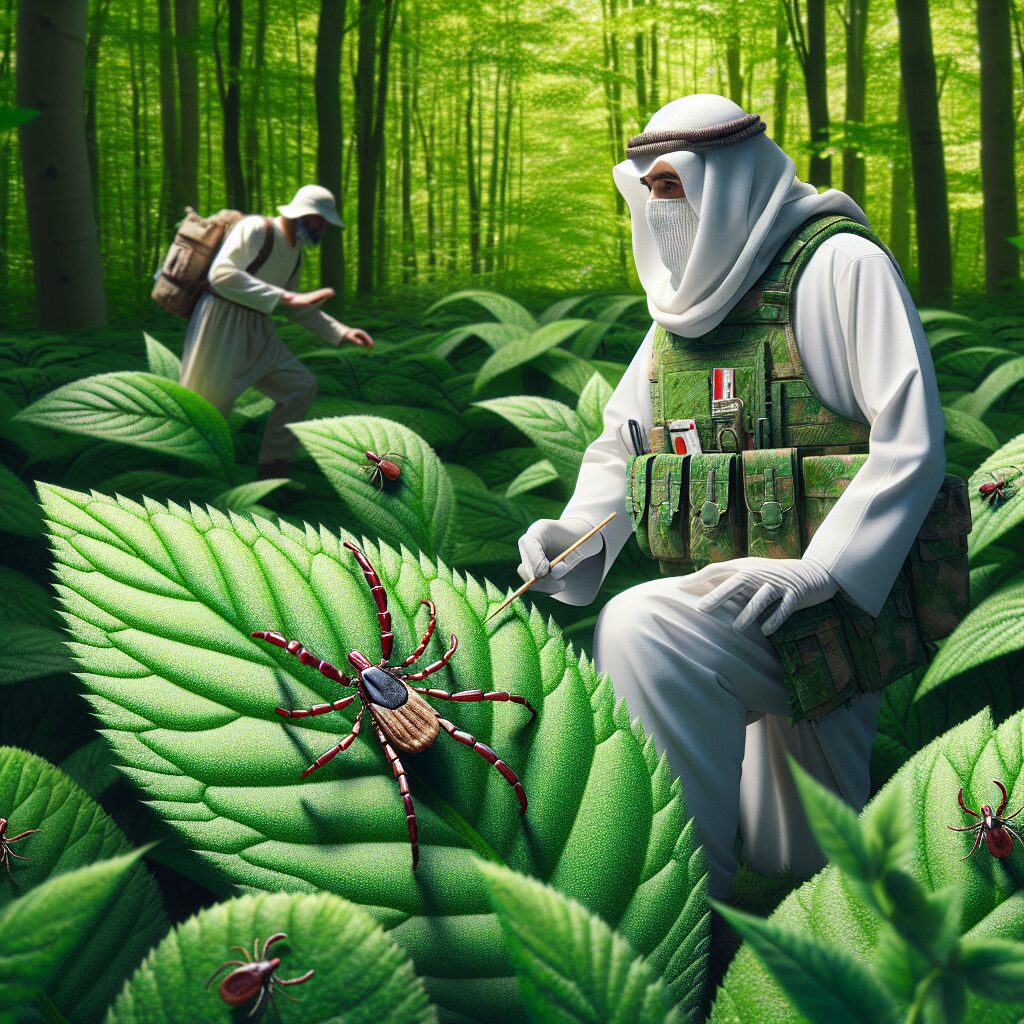 A detailed illustration of a person wearing protective clothing in a lush forest setting, carefully examining the surrounding area for ticks. The scene is vivid, with high-detail ticks on grass blades and a clear depiction of safety precautions against tick bites.