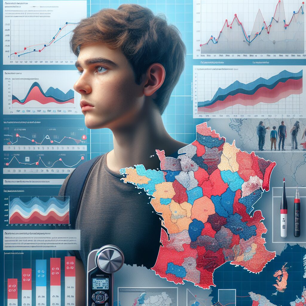 A detailed image showing an increase in diabetes cases in France with young people, statistical graphs, and a map highlighting regional disparities in diabetes prevalence, depicted in a scientific and informative style.