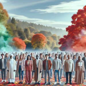 A diverse group of people surrounded by a smoke-free environment, symbolizing support and unity in quitting smoking, with autumn leaves gently falling, representing the month of November.