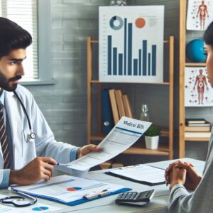 A doctor with a stethoscope discussing medical bills with a patient in an office setting, surrounded by healthcare charts and graphs illustrating cost changes.