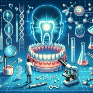 An illustration of futuristic dental technology with a symbolic depiction of teeth regrowth. Include elements of scientific research such as lab equipment, and a human silhouette with a bright smile, depicting optimism.