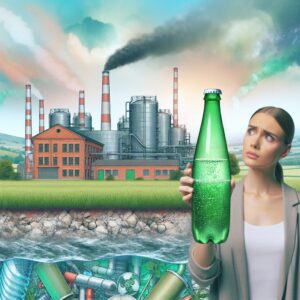 An illustration of the Perrier bottling plant in Vergèze, showing water pollution effects with subtle hints of pesticides and contaminants in the background, a concerned consumer in the foreground holding a Perrier bottle.