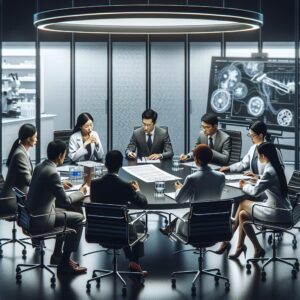 A serious scientific conference room with a diverse group of international scientists, male and female, in business attire, engaged in a heated discussion. A medical paper is prominently displayed on a round table. The setting is modern, with laboratory equipment visible in the background, emphasizing a tense atmosphere.