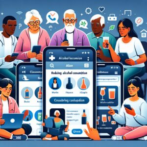 Illustration showing diverse individuals interacting with digital tools for alcohol consumption reduction support, modern and user-friendly interface, diverse age groups, multicultural, healthcare-focused