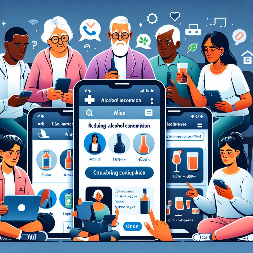 Illustration showing diverse individuals interacting with digital tools for alcohol consumption reduction support, modern and user-friendly interface, diverse age groups, multicultural, healthcare-focused