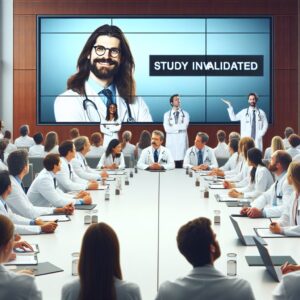 A scientific conference room with a large screen showing a 'Study Invalidated' message, doctors in white coats discussing, with Didier Raoult's photo visible in the background on a poster, emphasizing a scientific and serious atmosphere.