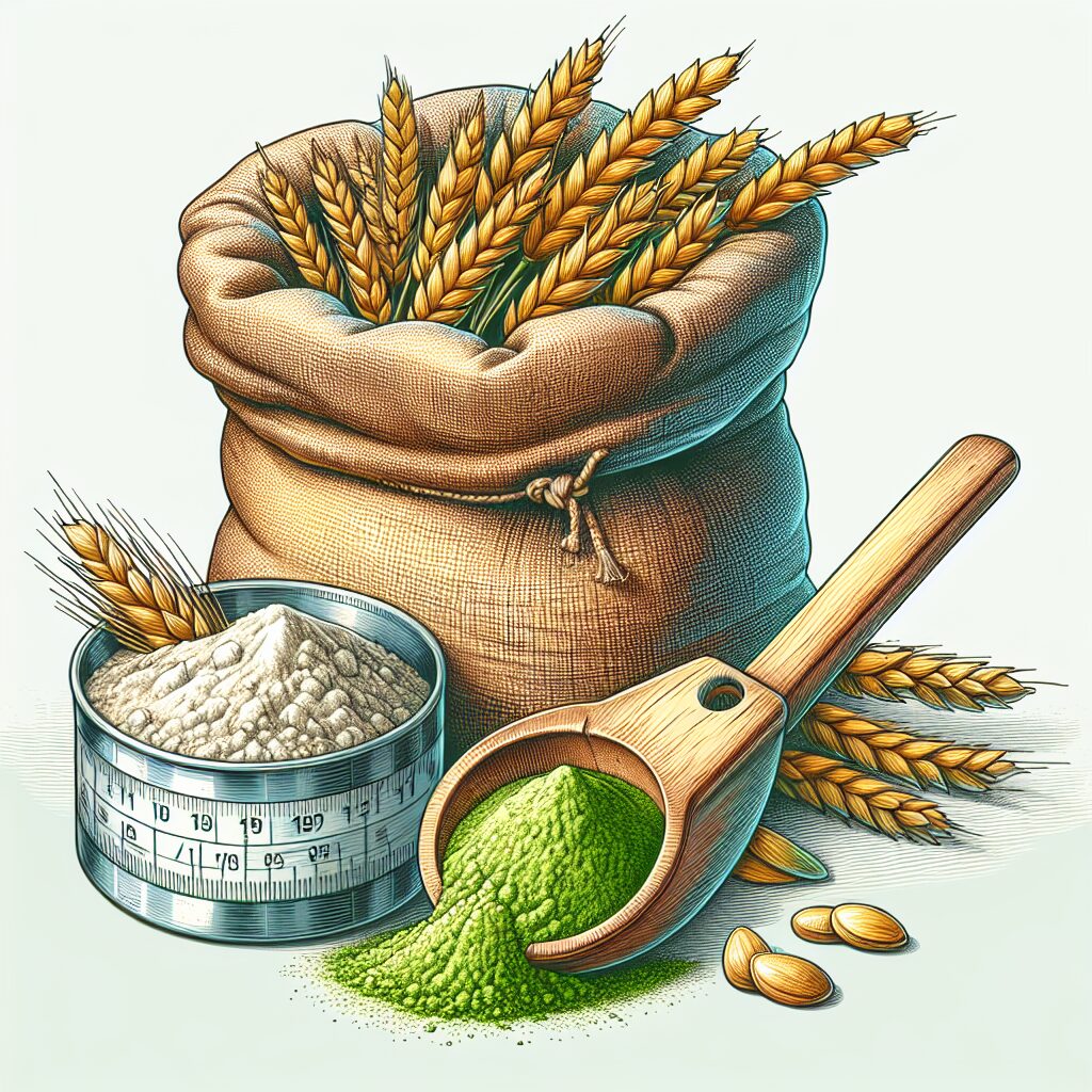 A detailed illustration of a sack of wheat flour with a measuring spoon of Vitamin B9 powder beside it, symbolizing fortification, vibrant colors emphasizing health and prevention.