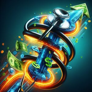 A dynamic illustration showing a stethoscope intertwined with currency symbols, depicting the concept of increasing medical consultation fees in a healthcare setting.