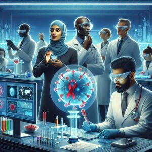 An illustration of innovative HIV treatment in a laboratory setting, highlighting futuristic medicine and scientific innovation themes, with a diverse team of scientists conducting research.