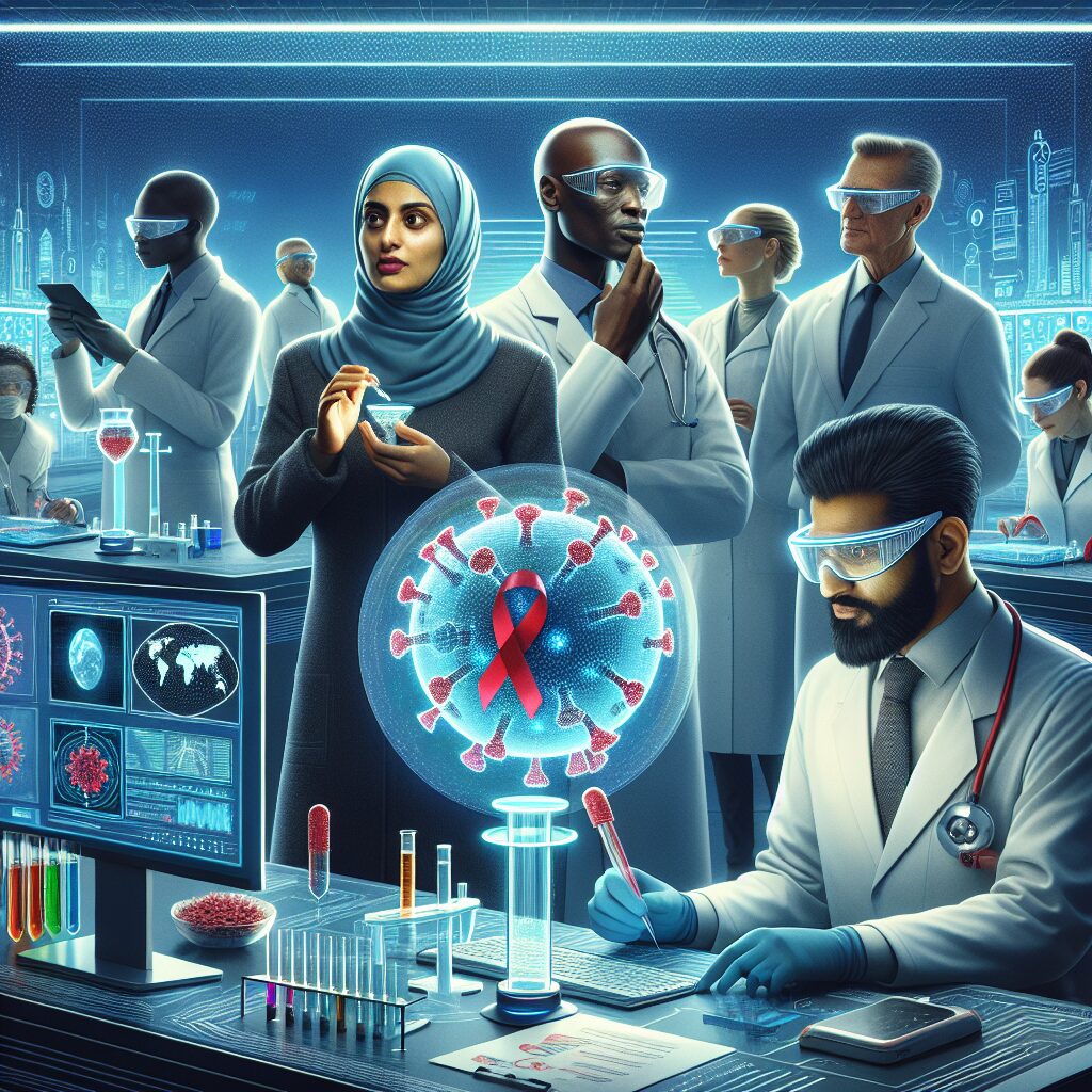 An illustration of innovative HIV treatment in a laboratory setting, highlighting futuristic medicine and scientific innovation themes, with a diverse team of scientists conducting research.