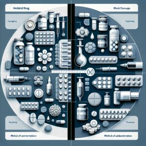 Un tableau comparatif illustrant différents types de médicaments, avec un focus sur un médicament hybride moderne, intégrant divers aspects innovants comme le conditionnement, le dosage, et la voie d'administration.