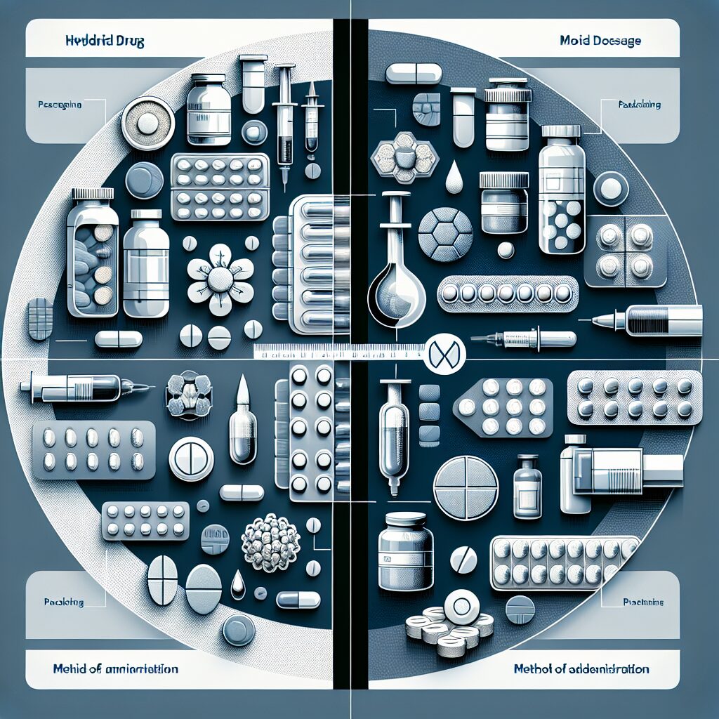 Un tableau comparatif illustrant différents types de médicaments, avec un focus sur un médicament hybride moderne, intégrant divers aspects innovants comme le conditionnement, le dosage, et la voie d'administration.