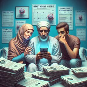 A creative depiction showing an American family using TikTok on a phone in a hospital setting, surrounded by medical bills, symbolizing crowdfunding for health expenses.